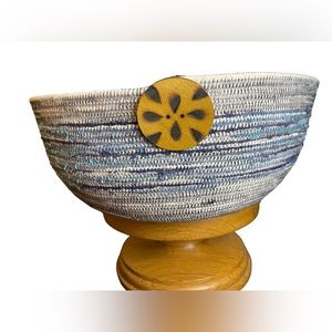 Handcrafted beautiful cotton rope bowl. Large. Wood hand burned button.